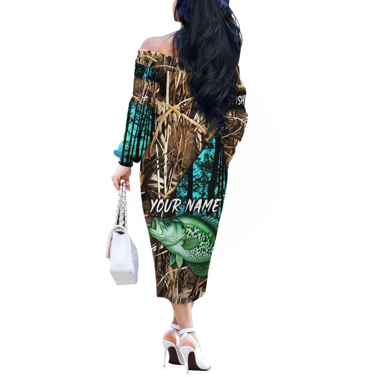 Crappie Fishing Customize Name Off The Shoulder Long Sleeve Dress Forest and Camo Background in Outdoor Fishing - Wonder Print Shop