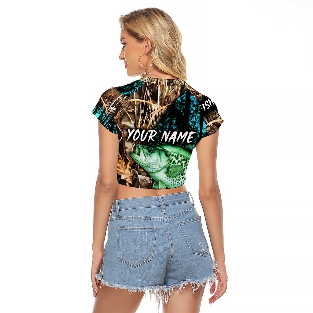 Crappie Fishing Customize Name Raglan Cropped T Shirt Forest and Camo Background in Outdoor Fishing - Wonder Print Shop