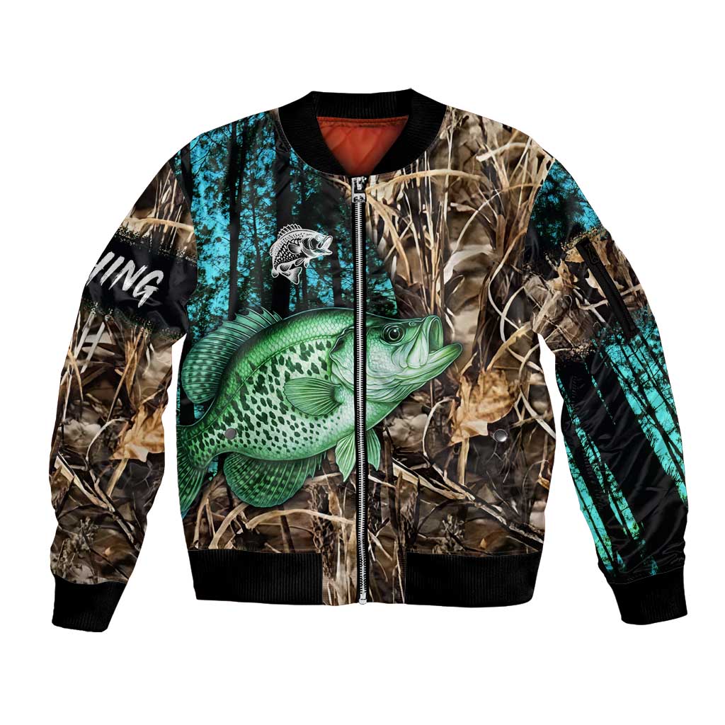 Crappie Fishing Customize Name Sleeve Zip Bomber Jacket Forest and Camo Background in Outdoor Fishing - Wonder Print Shop