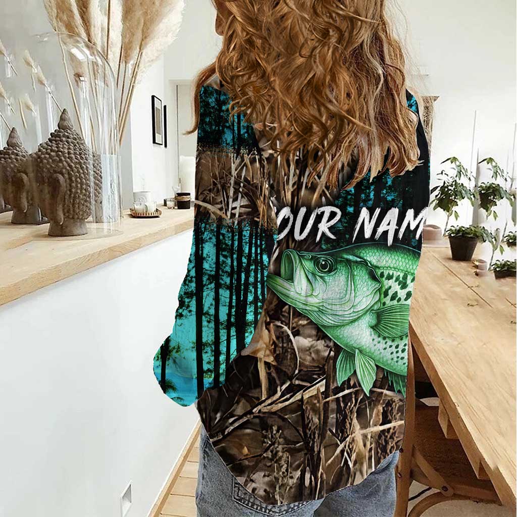 Crappie Fishing Customize Name Women Casual Shirt Forest and Camo Background in Outdoor Fishing - Wonder Print Shop