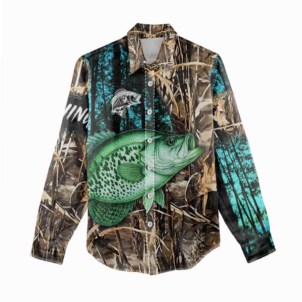 Crappie Fishing Customize Name Women Casual Shirt Forest and Camo Background in Outdoor Fishing - Wonder Print Shop