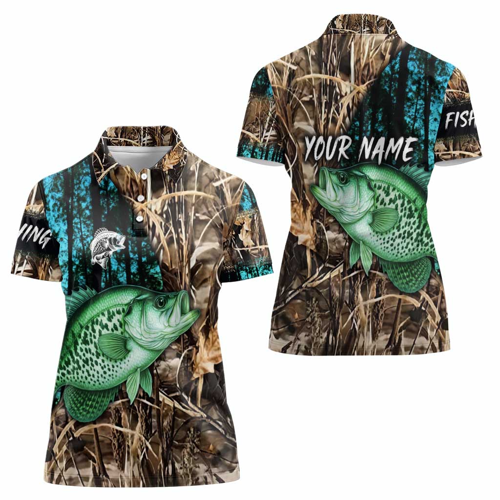 Crappie Fishing Customize Name Women Polo Shirt Forest and Camo Background in Outdoor Fishing - Wonder Print Shop