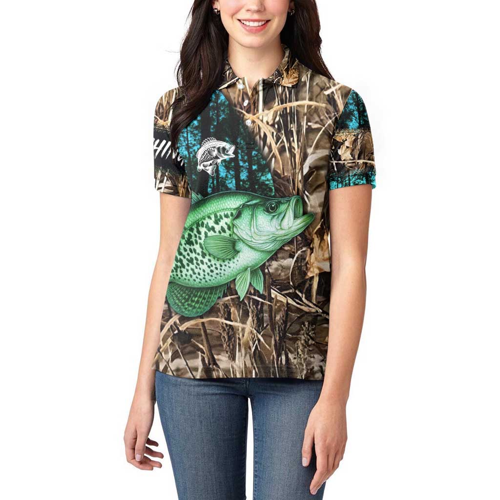 Crappie Fishing Customize Name Women Polo Shirt Forest and Camo Background in Outdoor Fishing - Wonder Print Shop