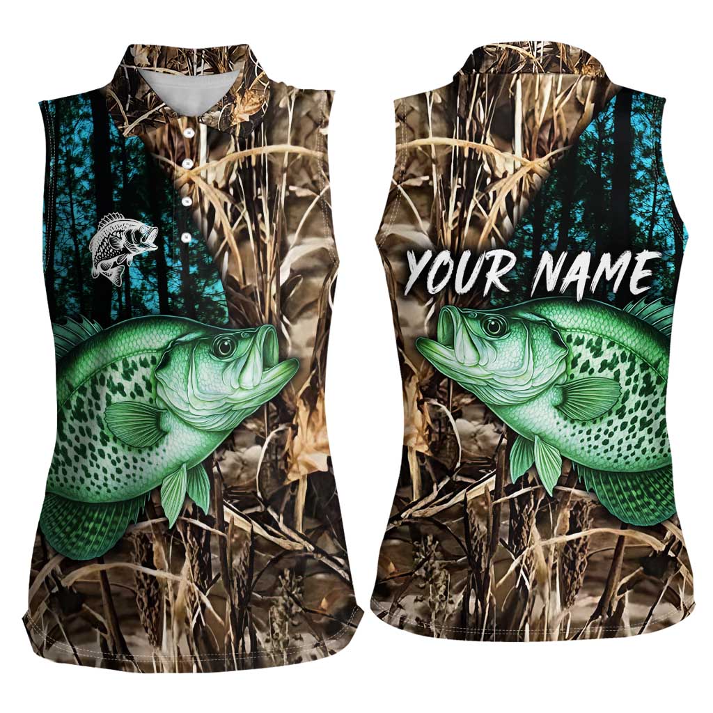 Crappie Fishing Customize Name Women Sleeveless Polo Shirt Forest and Camo Background in Outdoor Fishing - Wonder Print Shop