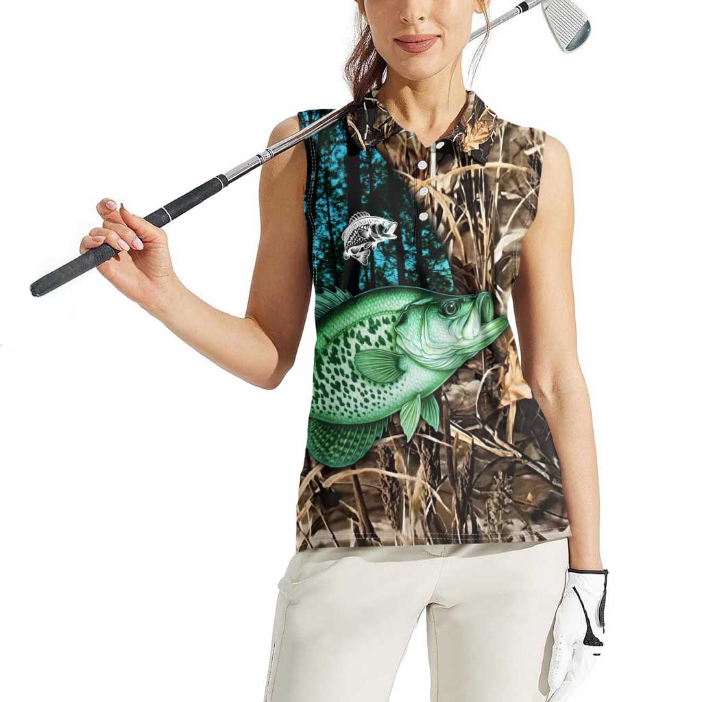 Crappie Fishing Customize Name Women Sleeveless Polo Shirt Forest and Camo Background in Outdoor Fishing - Wonder Print Shop