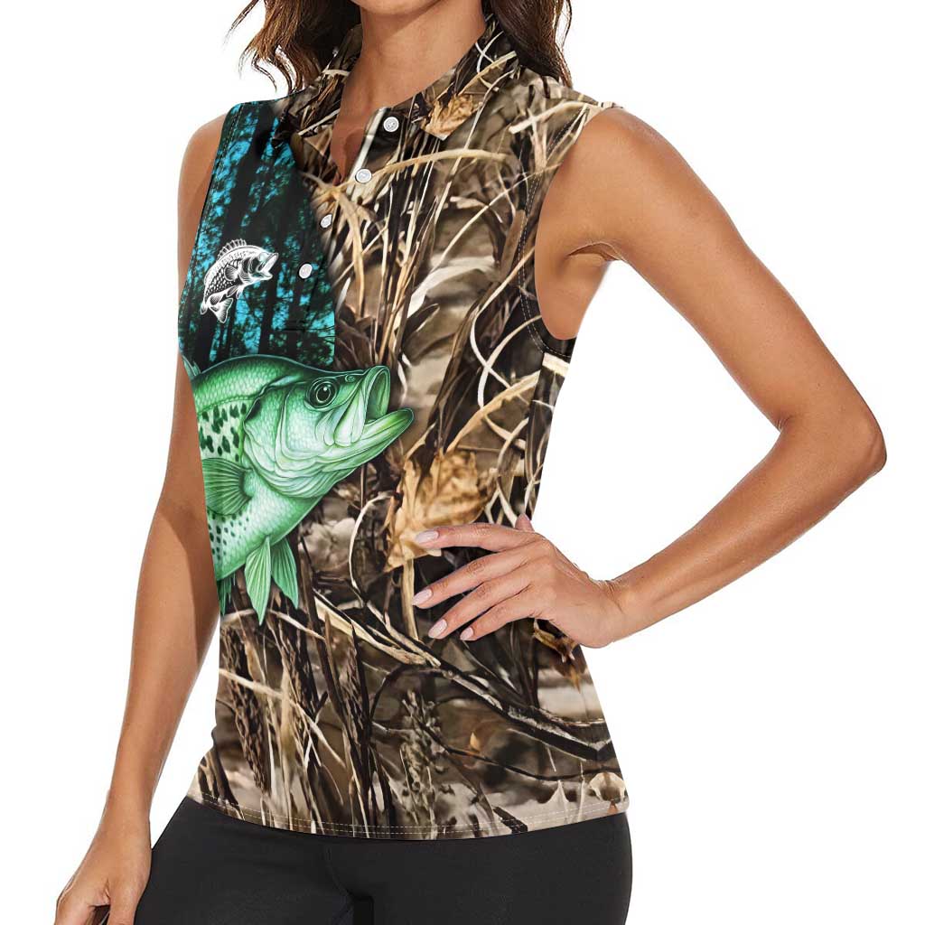 Crappie Fishing Customize Name Women Sleeveless Polo Shirt Forest and Camo Background in Outdoor Fishing - Wonder Print Shop