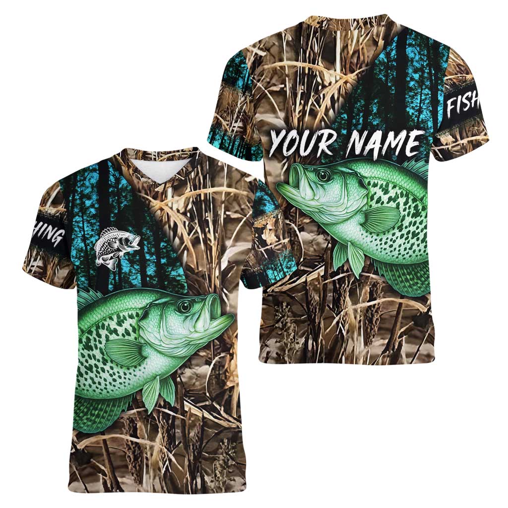 Crappie Fishing Customize Name Women V-Neck T-Shirt Forest and Camo Background in Outdoor Fishing - Wonder Print Shop