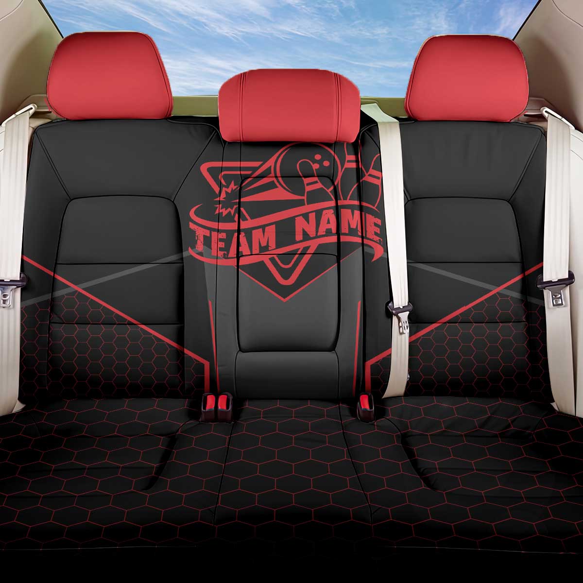Bowling Team Back Car Seat Cover Red and Black Strike Graphic and Custom Name Section - Wonder Print Shop