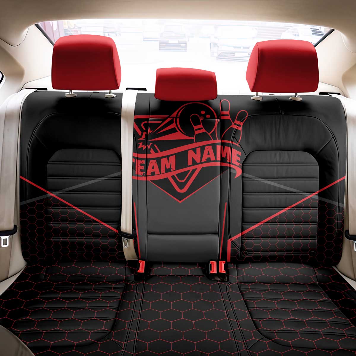 Bowling Team Back Car Seat Cover Red and Black Strike Graphic and Custom Name Section - Wonder Print Shop