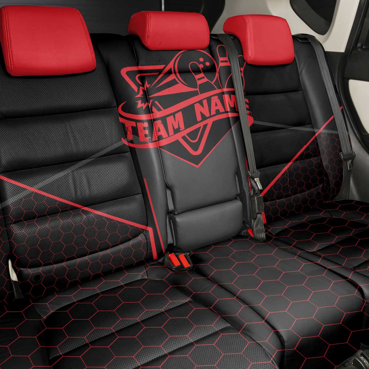 Bowling Team Back Car Seat Cover Red and Black Strike Graphic and Custom Name Section - Wonder Print Shop