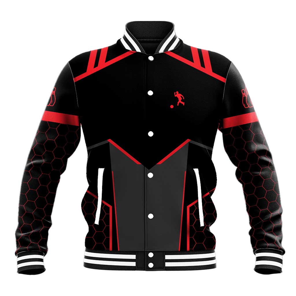 Bowling Team Baseball Jacket Red and Black Strike Graphic and Custom Name Section - Wonder Print Shop