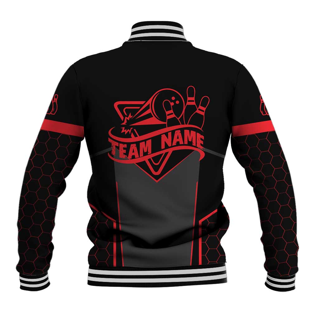 Bowling Team Baseball Jacket Red and Black Strike Graphic and Custom Name Section - Wonder Print Shop