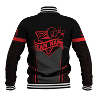 Bowling Team Baseball Jacket Red and Black Strike Graphic and Custom Name Section - Wonder Print Shop
