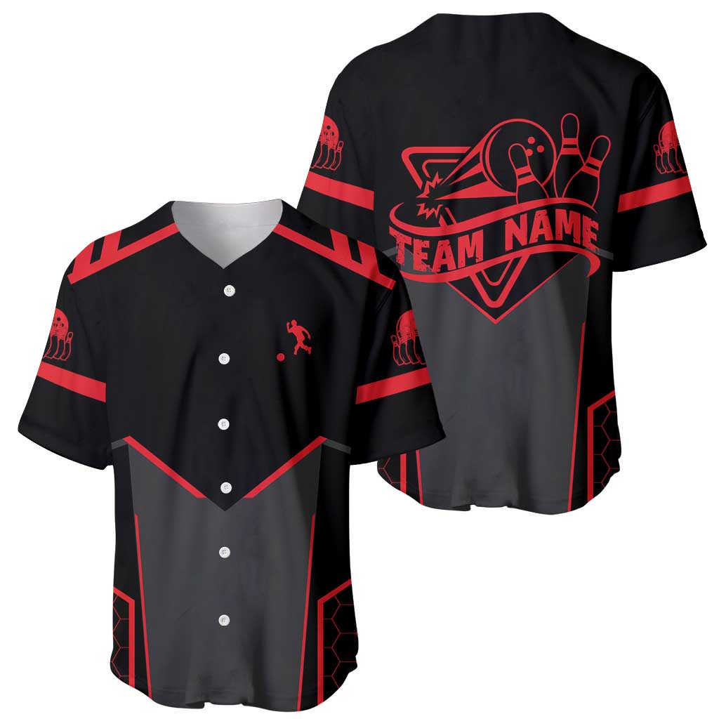 Bowling Team Baseball Jersey Red and Black Strike Graphic and Custom Name Section - Wonder Print Shop