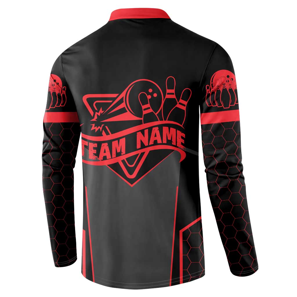 Bowling Team Button Sweatshirt Red and Black Strike Graphic and Custom Name Section - Wonder Print Shop