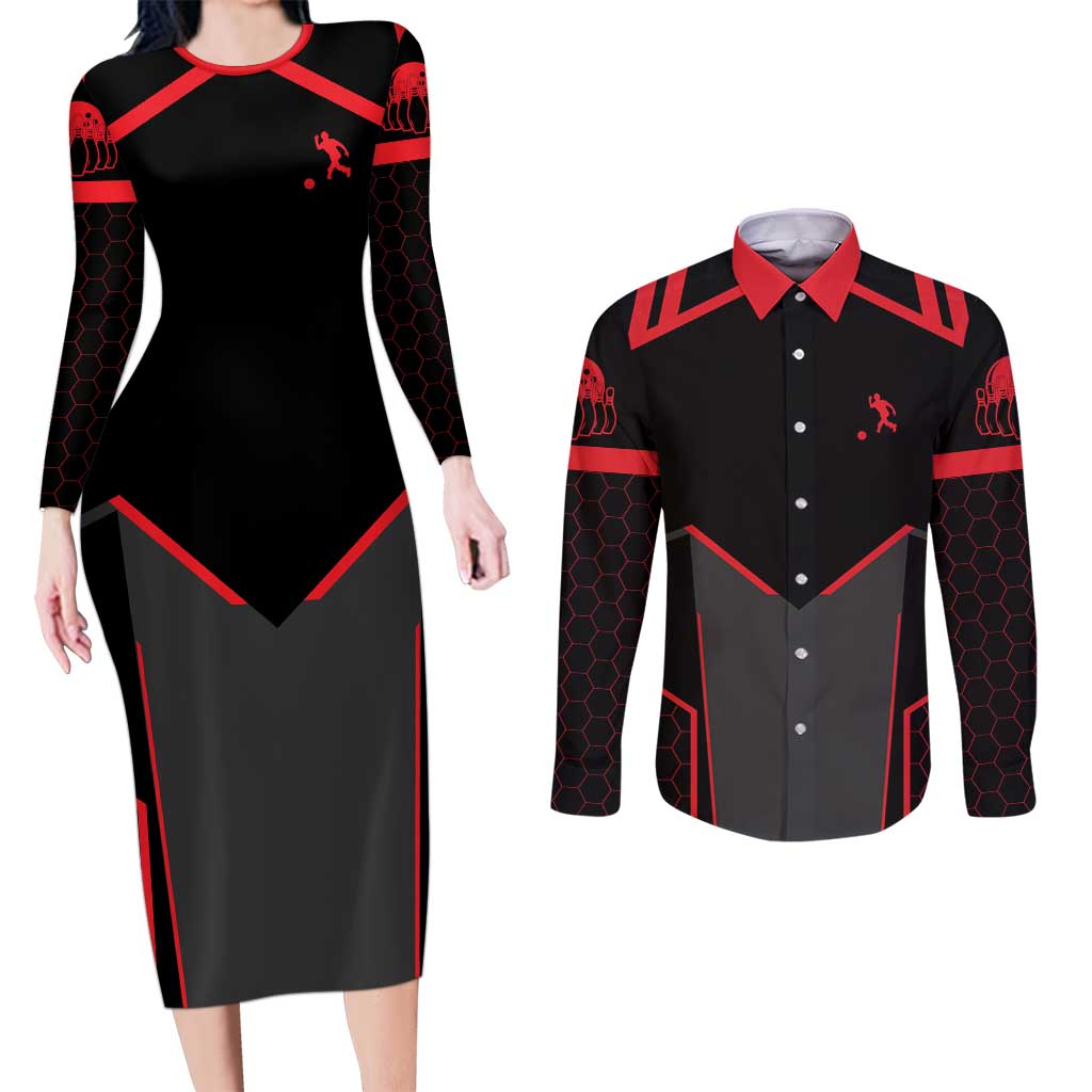 Bowling Team Couples Matching Long Sleeve Bodycon Dress and Long Sleeve Button Shirt Red and Black Strike Graphic and Custom Name Section - Wonder Print Shop