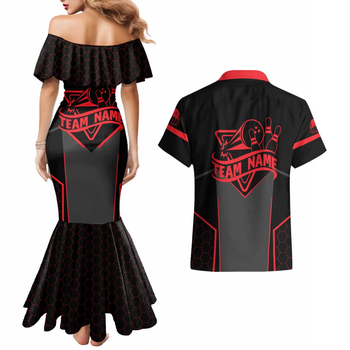 Bowling Team Couples Matching Mermaid Dress and Hawaiian Shirt Red and Black Strike Graphic and Custom Name Section - Wonder Print Shop