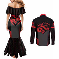 Bowling Team Couples Matching Mermaid Dress and Long Sleeve Button Shirt Red and Black Strike Graphic and Custom Name Section - Wonder Print Shop