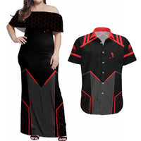 Bowling Team Couples Matching Off Shoulder Maxi Dress and Hawaiian Shirt Red and Black Strike Graphic and Custom Name Section - Wonder Print Shop