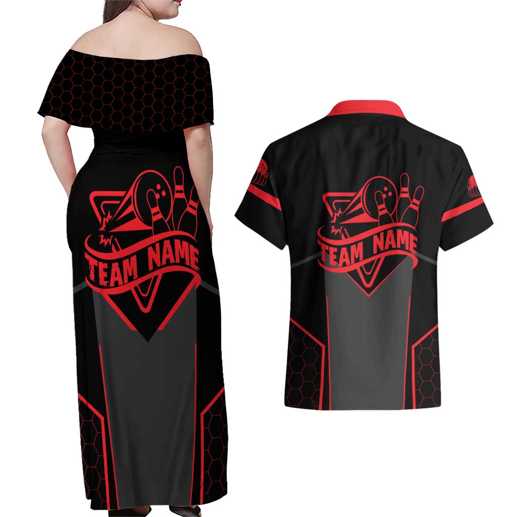 Bowling Team Couples Matching Off Shoulder Maxi Dress and Hawaiian Shirt Red and Black Strike Graphic and Custom Name Section - Wonder Print Shop