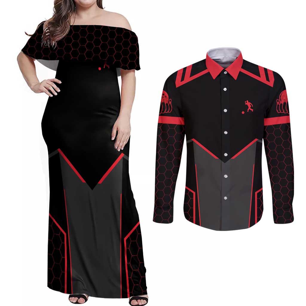 Bowling Team Couples Matching Off Shoulder Maxi Dress and Long Sleeve Button Shirt Red and Black Strike Graphic and Custom Name Section - Wonder Print Shop