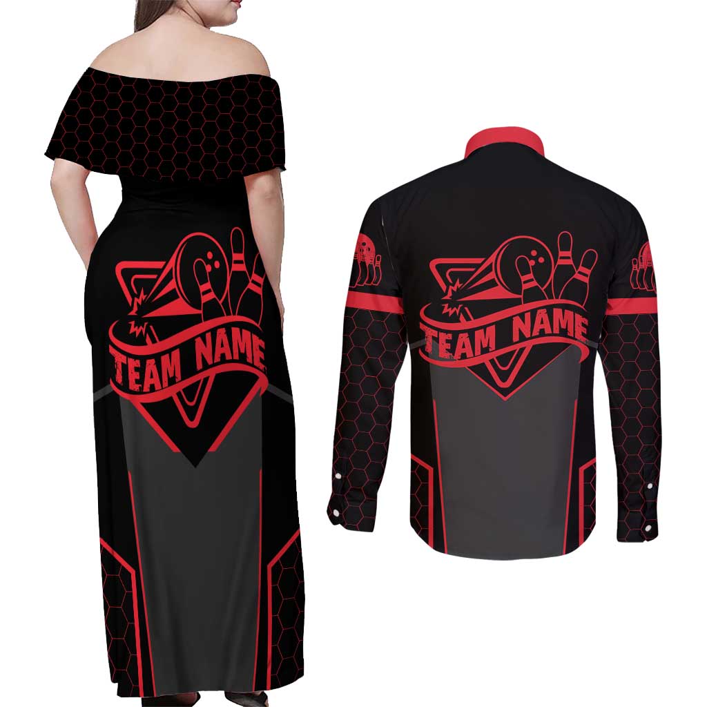 Bowling Team Couples Matching Off Shoulder Maxi Dress and Long Sleeve Button Shirt Red and Black Strike Graphic and Custom Name Section - Wonder Print Shop