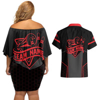 Bowling Team Couples Matching Off Shoulder Short Dress and Hawaiian Shirt Red and Black Strike Graphic and Custom Name Section - Wonder Print Shop