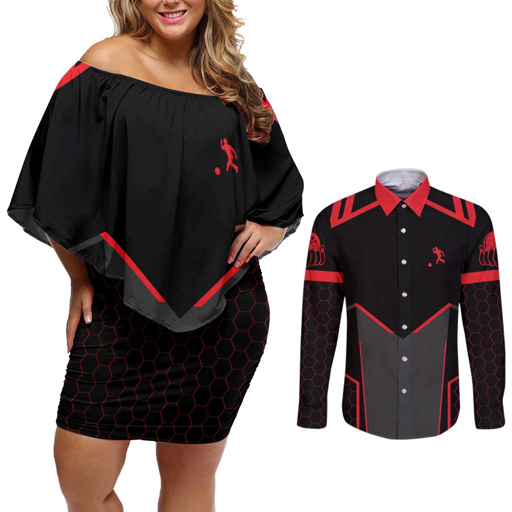 Bowling Team Couples Matching Off Shoulder Short Dress and Long Sleeve Button Shirt Red and Black Strike Graphic and Custom Name Section - Wonder Print Shop