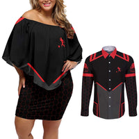 Bowling Team Couples Matching Off Shoulder Short Dress and Long Sleeve Button Shirt Red and Black Strike Graphic and Custom Name Section - Wonder Print Shop
