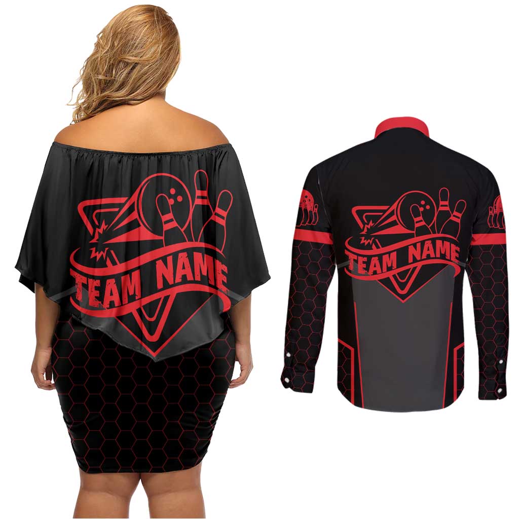 Bowling Team Couples Matching Off Shoulder Short Dress and Long Sleeve Button Shirt Red and Black Strike Graphic and Custom Name Section - Wonder Print Shop