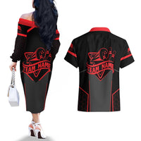 Bowling Team Couples Matching Off The Shoulder Long Sleeve Dress and Hawaiian Shirt Red and Black Strike Graphic and Custom Name Section - Wonder Print Shop