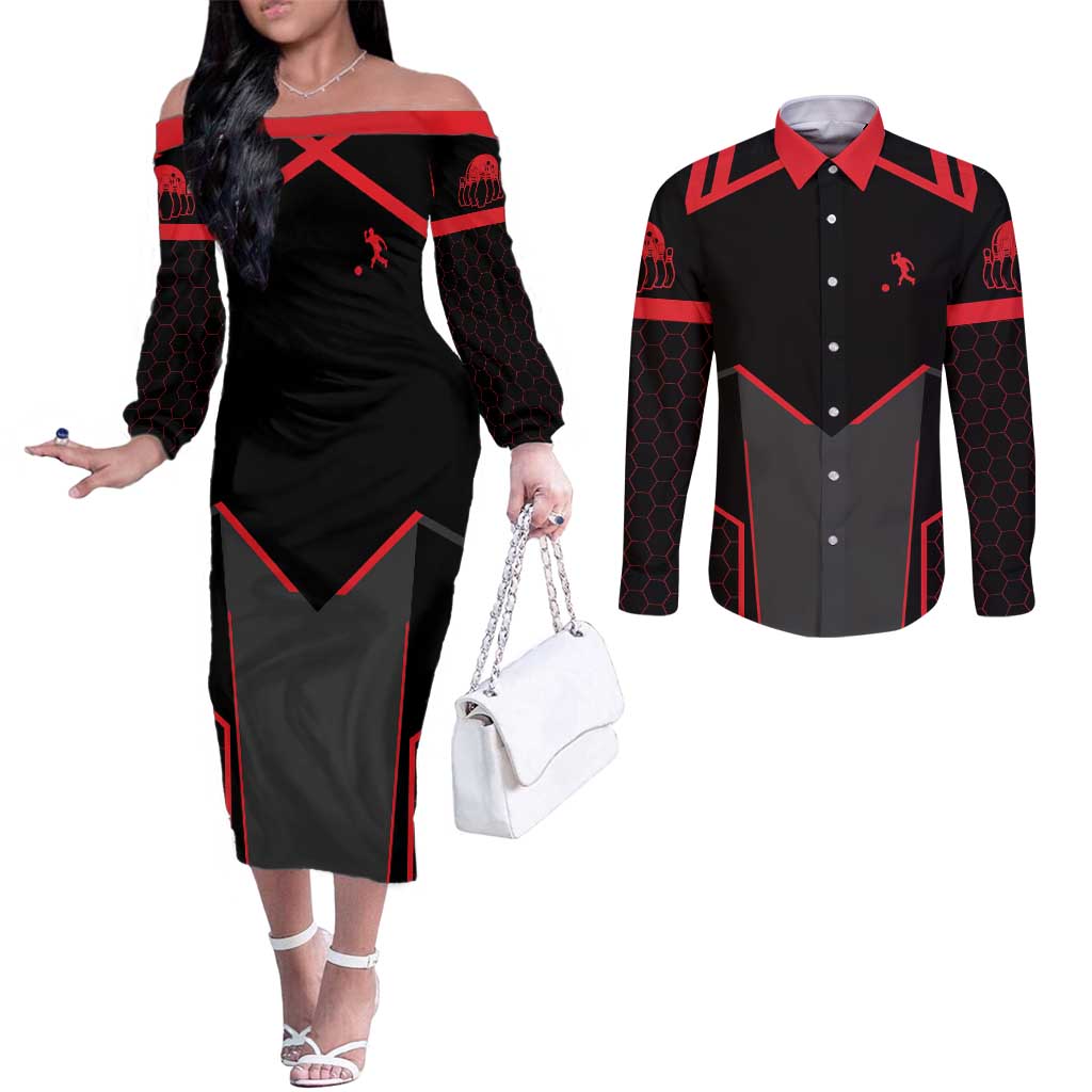 Bowling Team Couples Matching Off The Shoulder Long Sleeve Dress and Long Sleeve Button Shirt Red and Black Strike Graphic and Custom Name Section - Wonder Print Shop