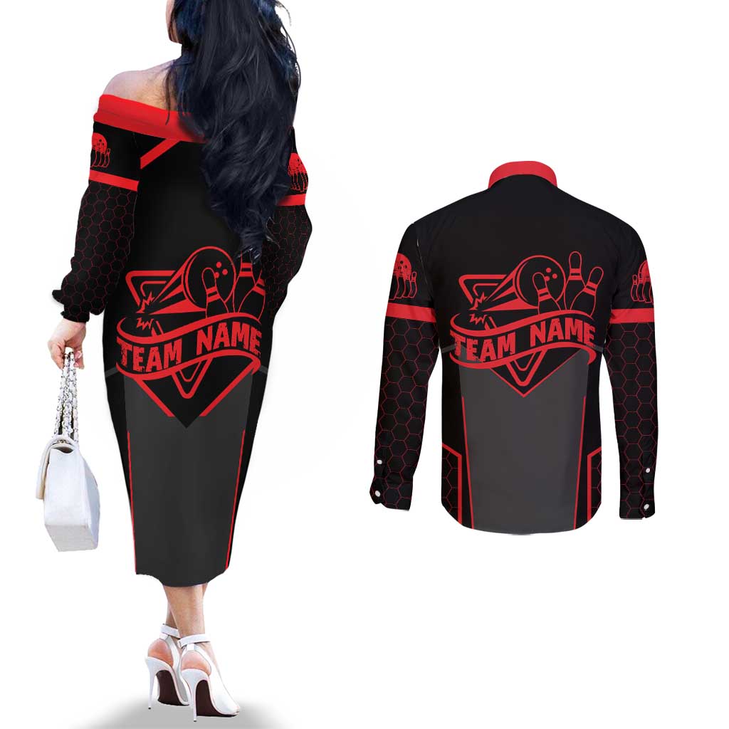 Bowling Team Couples Matching Off The Shoulder Long Sleeve Dress and Long Sleeve Button Shirt Red and Black Strike Graphic and Custom Name Section - Wonder Print Shop