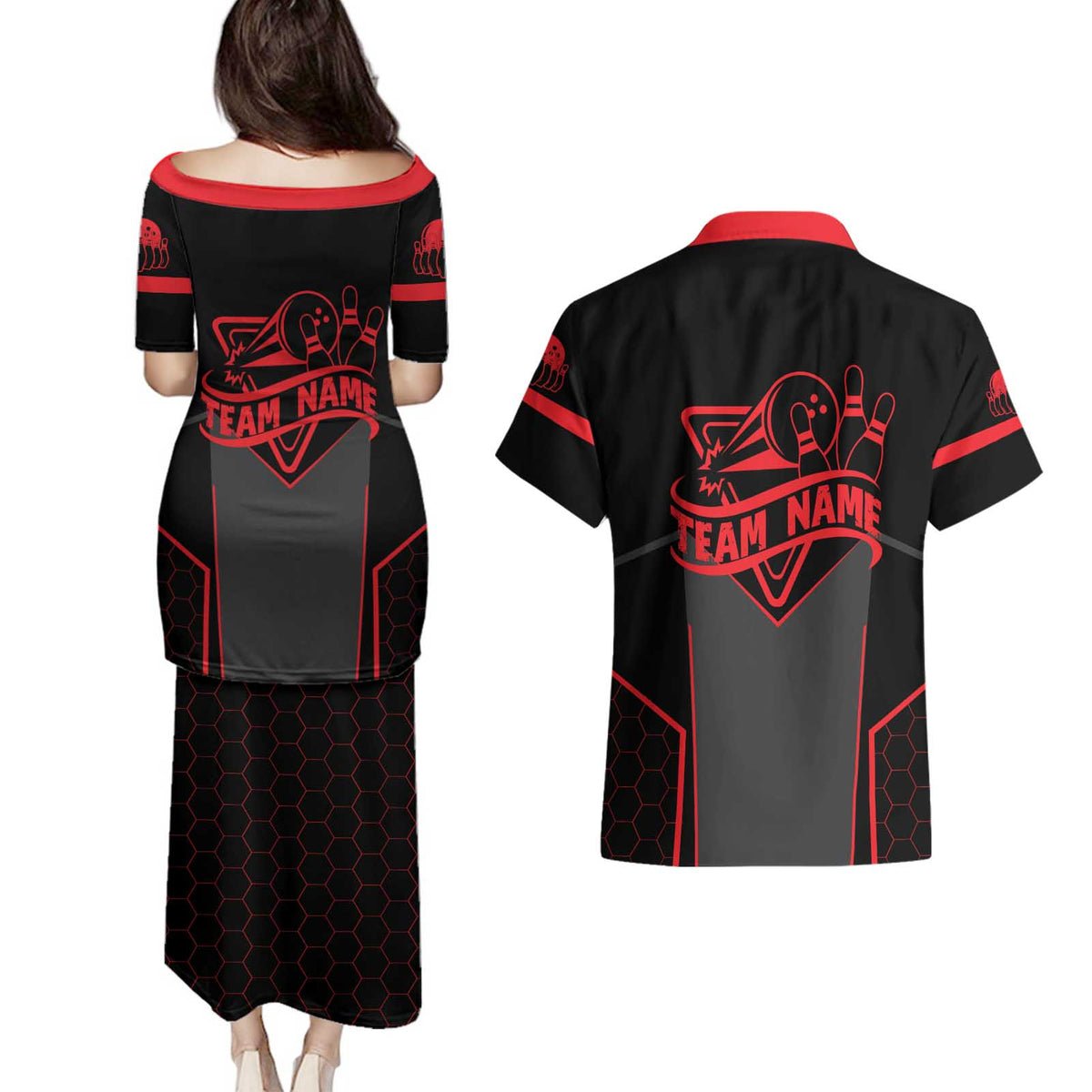 Bowling Team Couples Matching Puletasi and Hawaiian Shirt Red and Black Strike Graphic and Custom Name Section - Wonder Print Shop