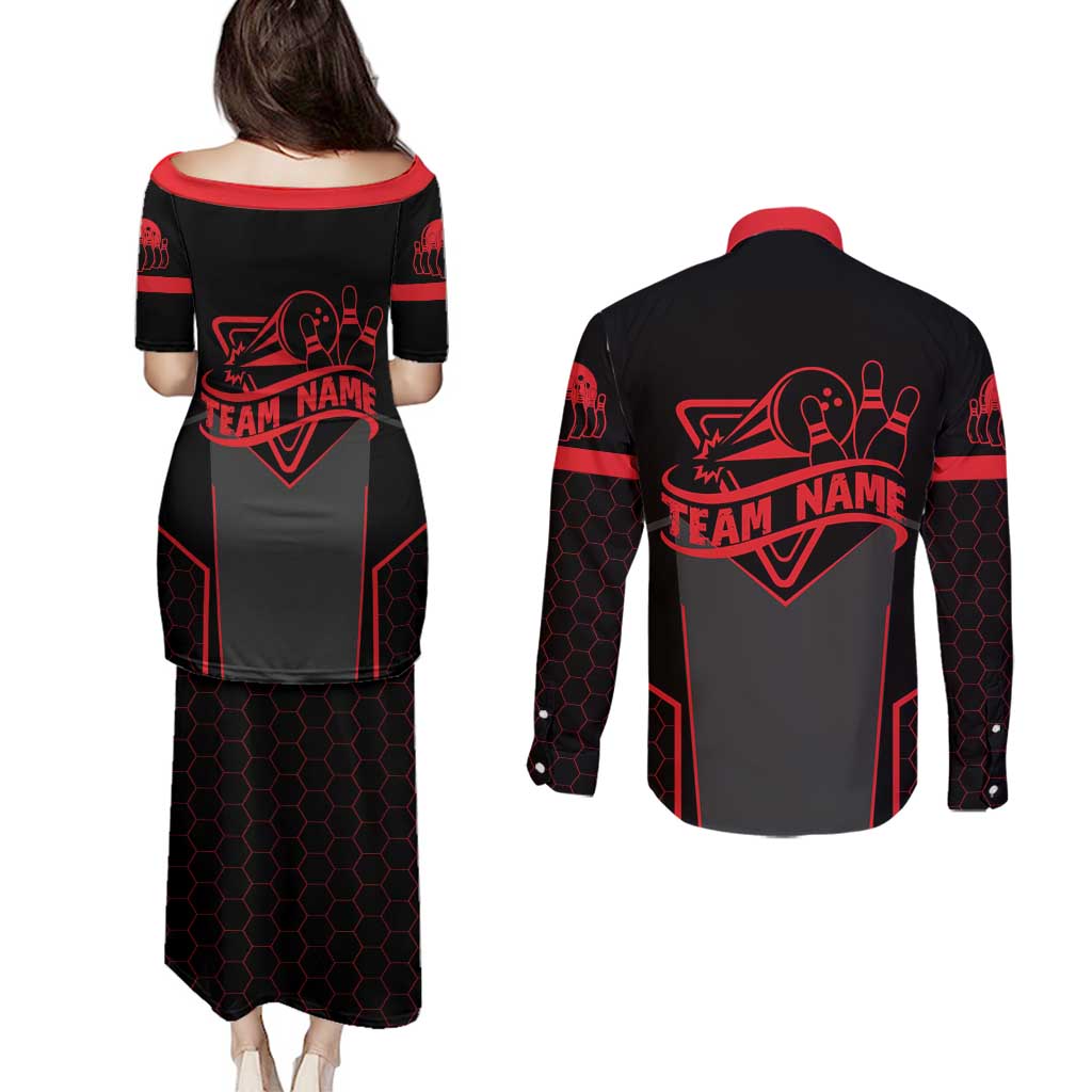 Bowling Team Couples Matching Puletasi and Long Sleeve Button Shirt Red and Black Strike Graphic and Custom Name Section - Wonder Print Shop