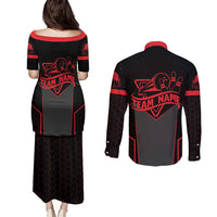Bowling Team Couples Matching Puletasi and Long Sleeve Button Shirt Red and Black Strike Graphic and Custom Name Section - Wonder Print Shop