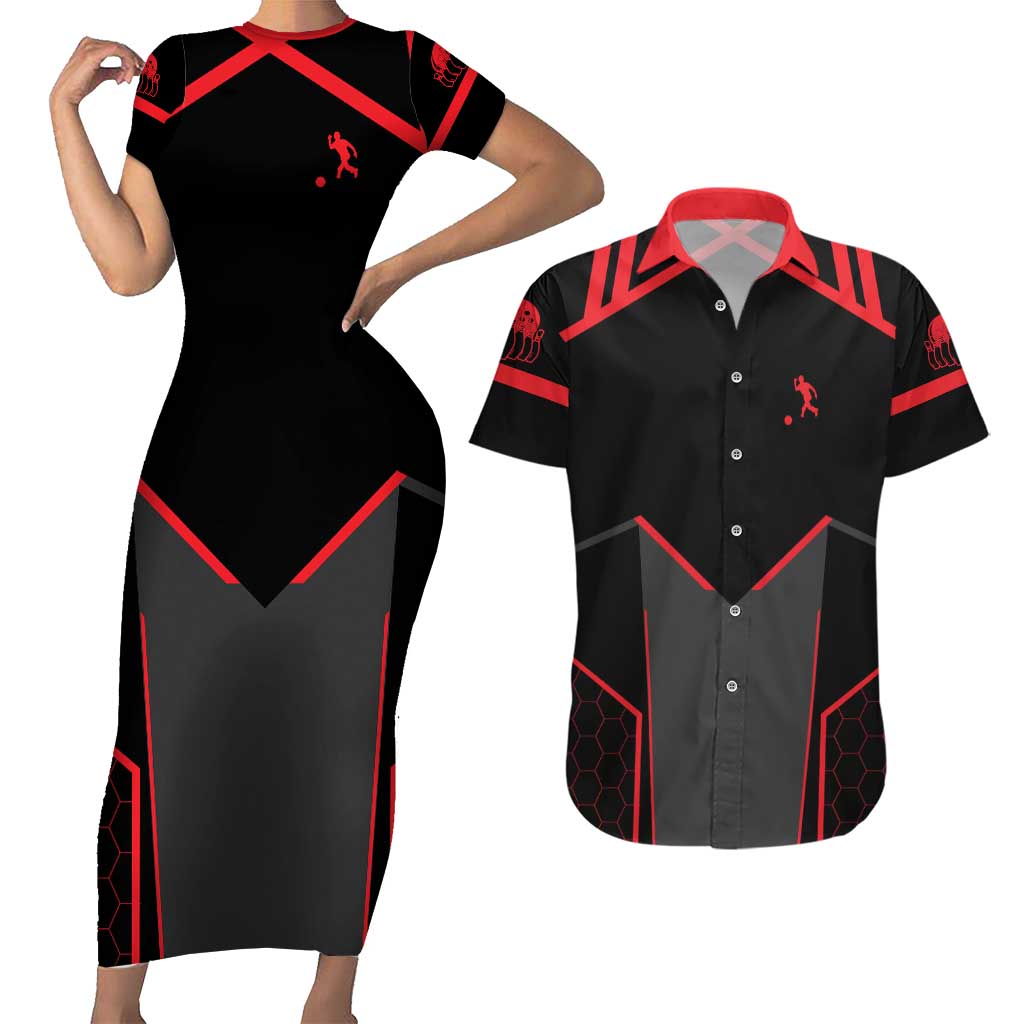 Bowling Team Couples Matching Short Sleeve Bodycon Dress and Hawaiian Shirt Red and Black Strike Graphic and Custom Name Section - Wonder Print Shop