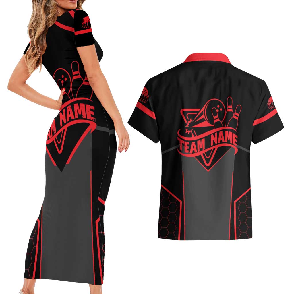Bowling Team Couples Matching Short Sleeve Bodycon Dress and Hawaiian Shirt Red and Black Strike Graphic and Custom Name Section - Wonder Print Shop