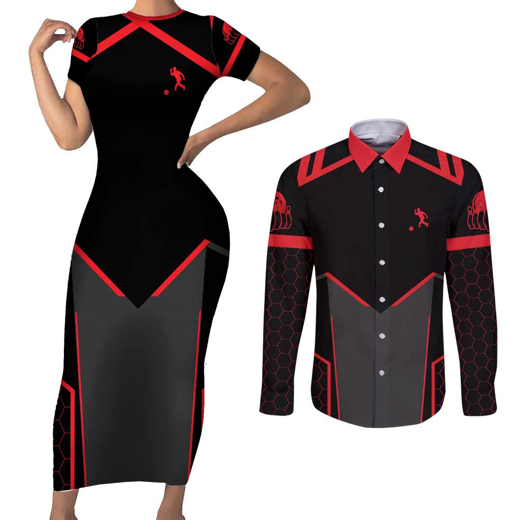 Bowling Team Couples Matching Short Sleeve Bodycon Dress and Long Sleeve Button Shirt Red and Black Strike Graphic and Custom Name Section - Wonder Print Shop