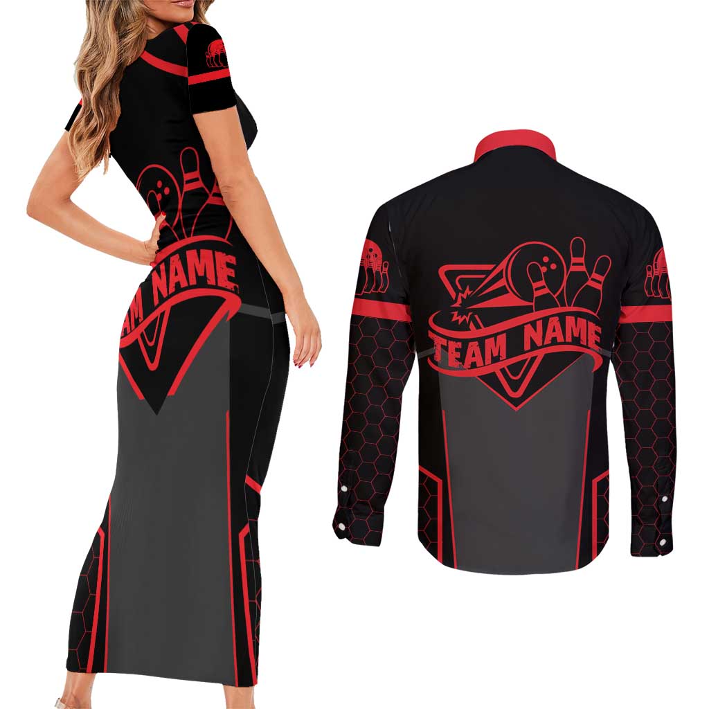 Bowling Team Couples Matching Short Sleeve Bodycon Dress and Long Sleeve Button Shirt Red and Black Strike Graphic and Custom Name Section - Wonder Print Shop