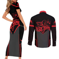 Bowling Team Couples Matching Short Sleeve Bodycon Dress and Long Sleeve Button Shirt Red and Black Strike Graphic and Custom Name Section - Wonder Print Shop
