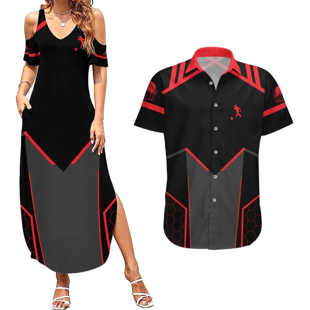 Bowling Team Couples Matching Summer Maxi Dress and Hawaiian Shirt Red and Black Strike Graphic and Custom Name Section - Wonder Print Shop