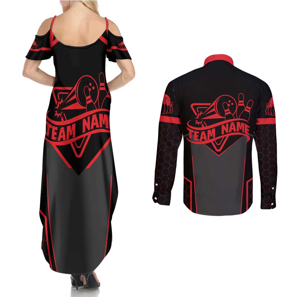 Bowling Team Couples Matching Summer Maxi Dress and Long Sleeve Button Shirt Red and Black Strike Graphic and Custom Name Section - Wonder Print Shop