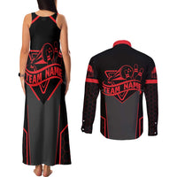 Bowling Team Couples Matching Tank Maxi Dress and Long Sleeve Button Shirt Red and Black Strike Graphic and Custom Name Section - Wonder Print Shop