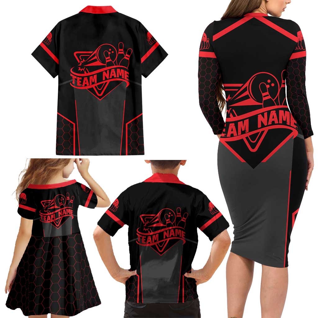 Bowling Team Family Matching Long Sleeve Bodycon Dress and Hawaiian Shirt Red and Black Strike Graphic and Custom Name Section - Wonder Print Shop