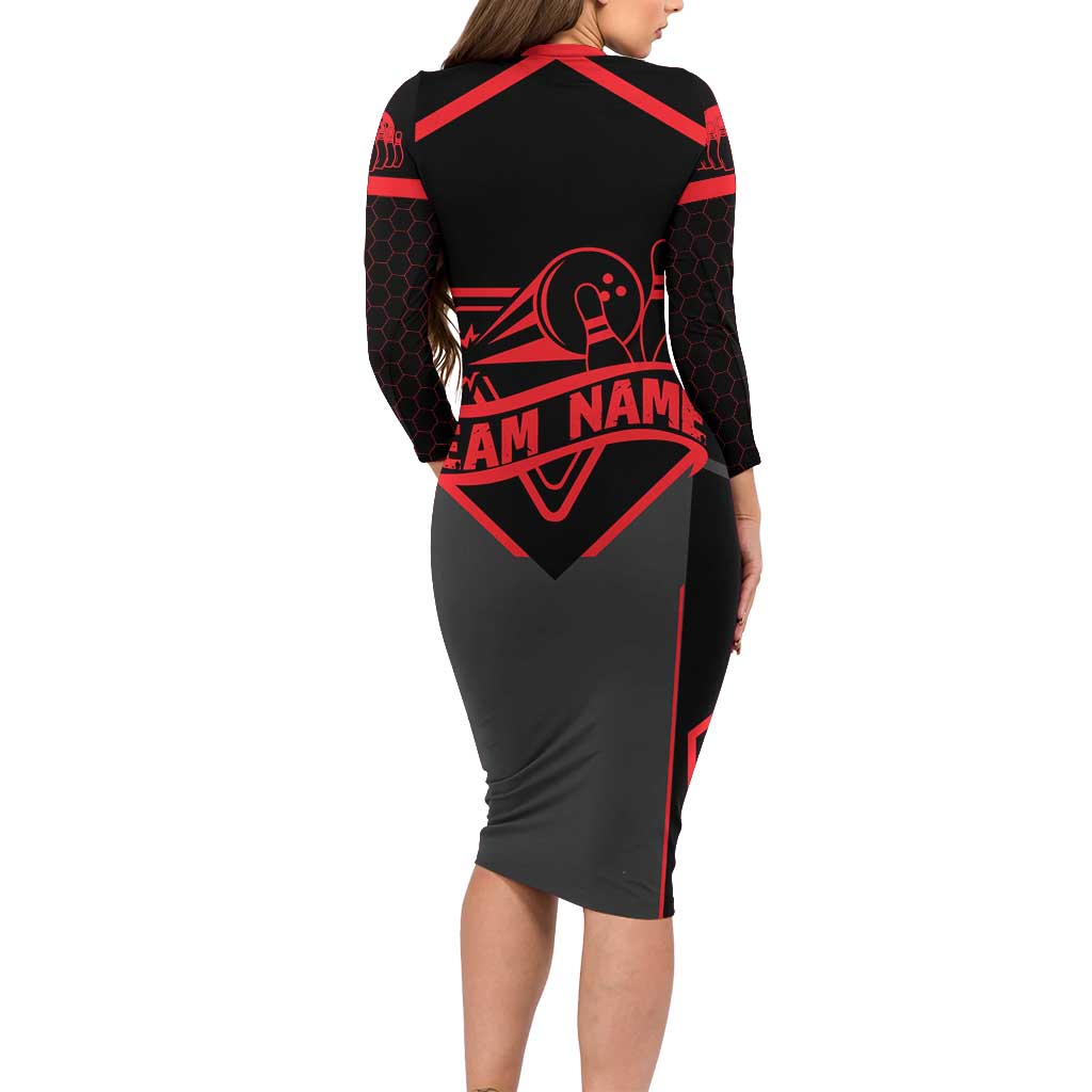 Bowling Team Family Matching Long Sleeve Bodycon Dress and Hawaiian Shirt Red and Black Strike Graphic and Custom Name Section - Wonder Print Shop