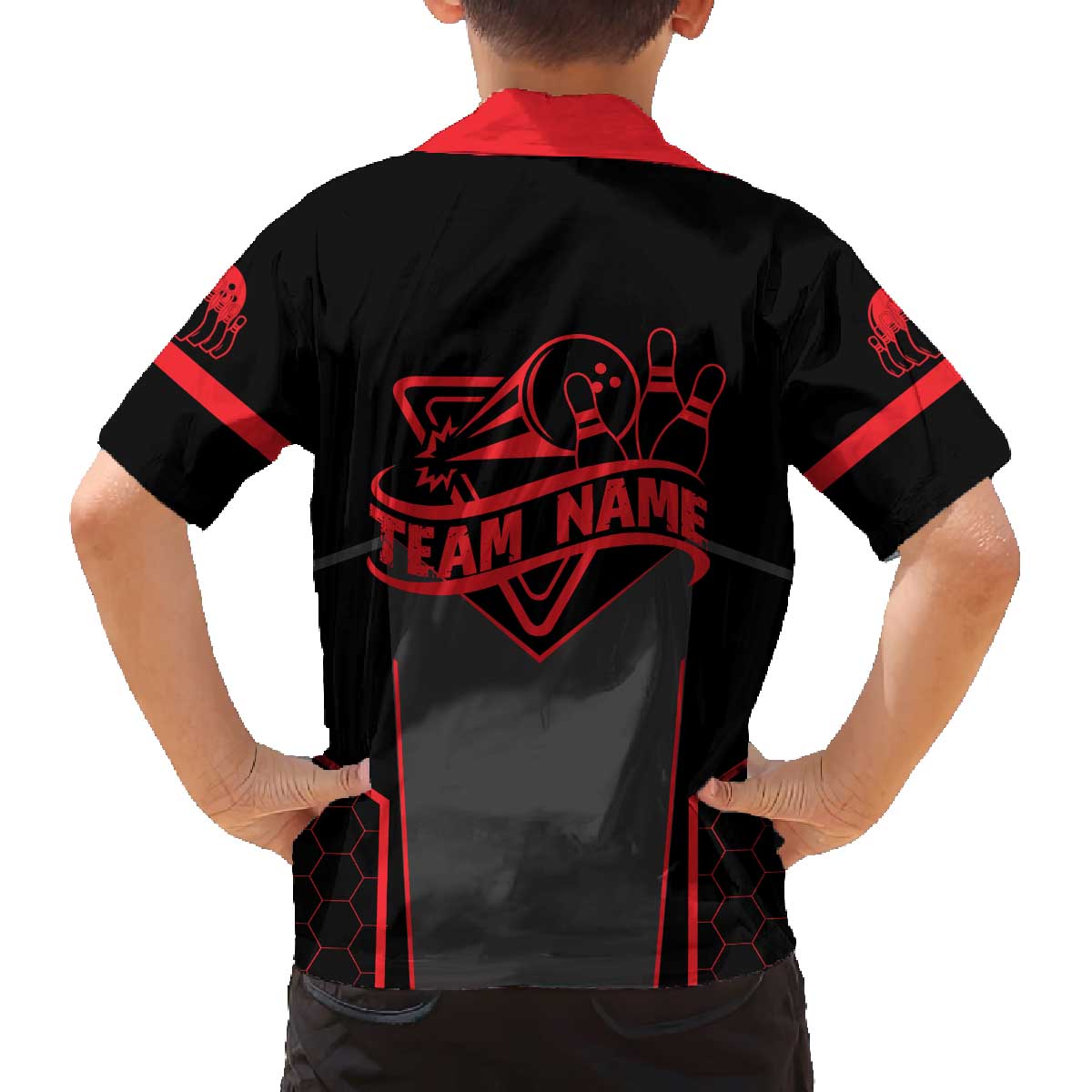 Bowling Team Family Matching Off The Shoulder Long Sleeve Dress and Hawaiian Shirt Red and Black Strike Graphic and Custom Name Section - Wonder Print Shop