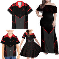 Bowling Team Family Matching Off Shoulder Maxi Dress and Hawaiian Shirt Red and Black Strike Graphic and Custom Name Section - Wonder Print Shop