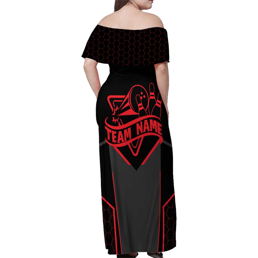 Bowling Team Family Matching Off Shoulder Maxi Dress and Hawaiian Shirt Red and Black Strike Graphic and Custom Name Section - Wonder Print Shop