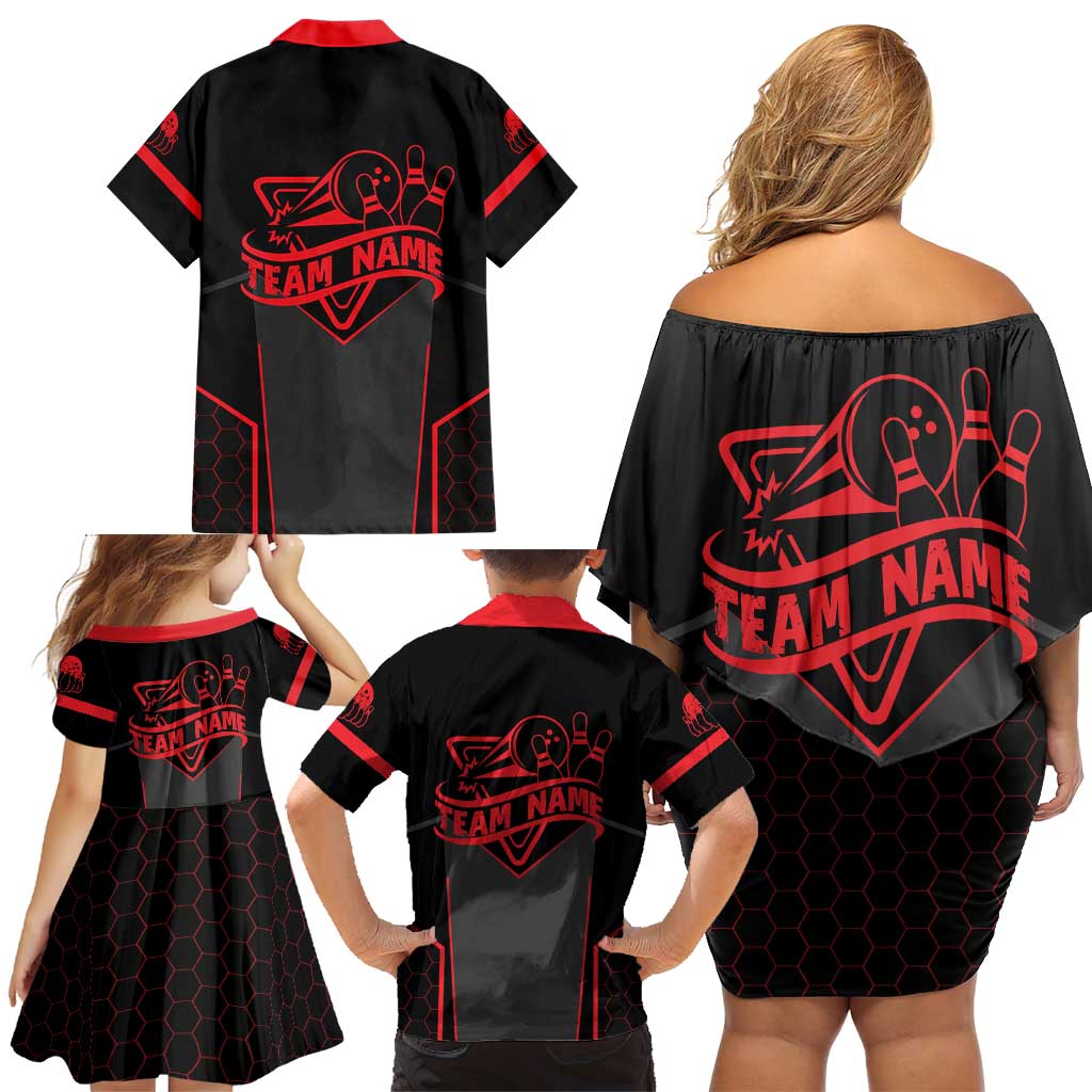 Bowling Team Family Matching Off Shoulder Short Dress and Hawaiian Shirt Red and Black Strike Graphic and Custom Name Section - Wonder Print Shop